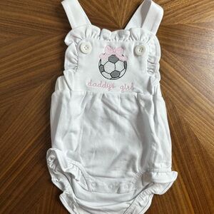 Custom Embroidered White Baby Romper/Sunsuit  Pink Bow and Soccer Design